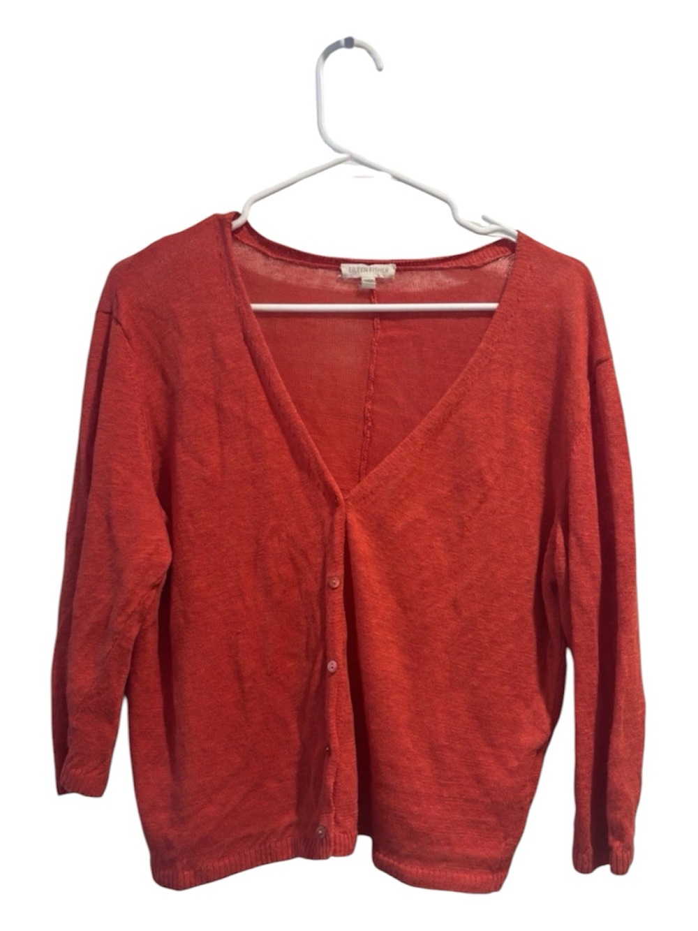 Eileen Fisher Coral-Red V-Neck Button Cardigan